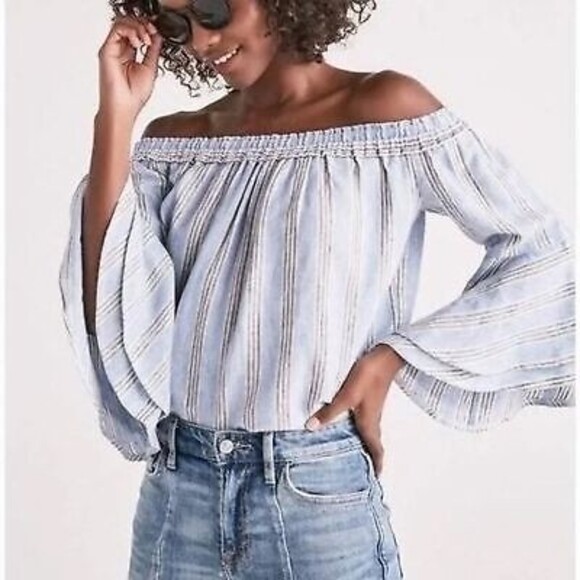 LUCKY BRAND off the shoulder bell sleeve striped top size small blue white - Picture 3 of 6